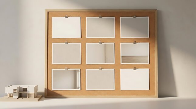 Agente, immobiliare conceptual office mood board featuring various empty photo frames and an architectural scale model for real estate project planning