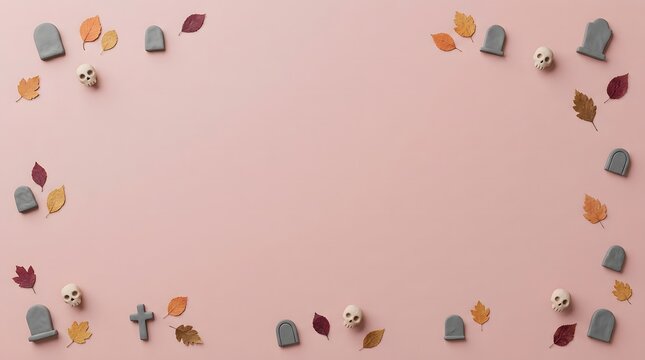Halloween composition made of autumn leaves, skulls, and tombstones on pink background.