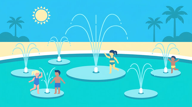 Children joyfully play in a summer splash pad with water fountains spraying