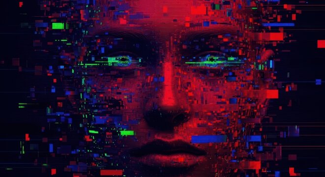 Abstract digital face with glitch art effect in vibrant red and blue tones