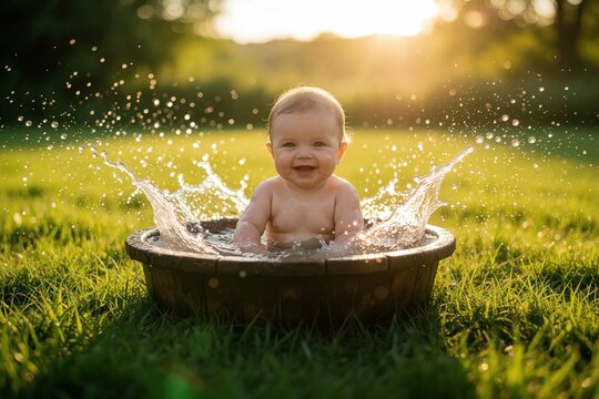 Happy baby bathes in wooden tub outdoors. Water splashes play in sunlit green grass meadow. Child laughs with joy during a fun summer bath time session.