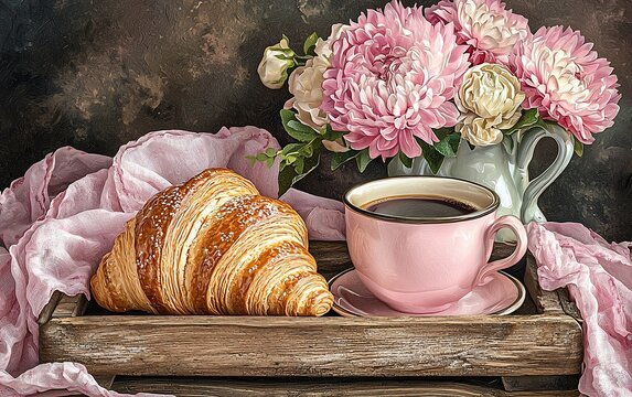 Coffee, croissant, and flowers on rustic tray.