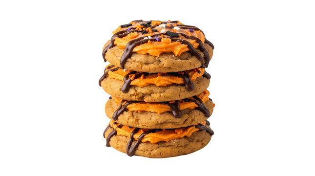 Stack of halloween pumpkin decorated cookies with orange icing and chocolate drizzle.