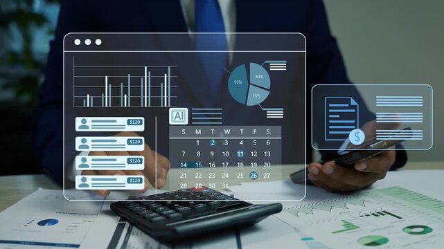 Businessman uses a smartphone beside a calculator and financial papers, with business charts, invoices, calendar and payment data, Holographic finance planning with calculator and smartphone 