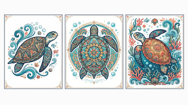 Sea turtle vector illustration set featuring ornate mandala patterns colorful shells decorative bubbles and vibrant coral reef background graphic elements