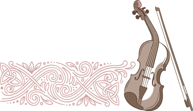 Classical violin musical instrument with playing bow next to traditional Celtic swirl ornament border decoration vector illustration