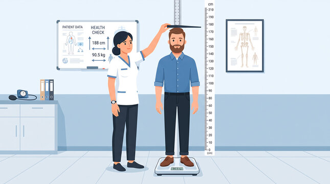 Female nurse or healthcare worker measuring height and weight of a male patient using a stadiometer scale unit in a doctor office room. Medical checkup examination concept vector illustration.