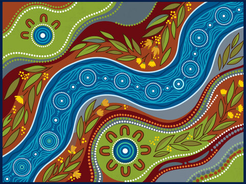 Australian Aboriginal river landscape vector illustration with traditional eucalyptus dot art