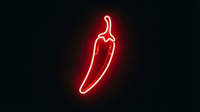 Vibrant neon chili pepper sign glowing against dark background for food branding.
