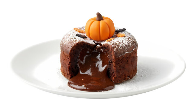 Chocolate lava cake with pumpkin decoration and powdered sugar dusting dessert delight.