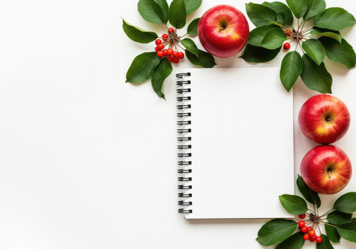 Open spiral notebook with fresh red apples and green leaves for notes