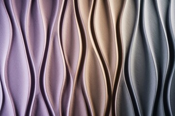 Obraz premium Textured panel features vertical wavy patterns in purple beige and grey tones. Smooth surface creates shadow and light play, offering modern abstract decor. This design adds depth.