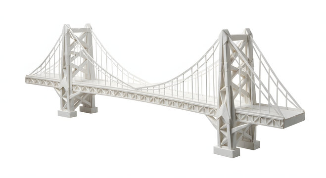 Minimalist white suspension bridge model isolated on a white background. 