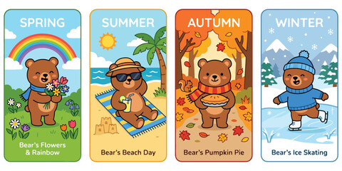 Fototapeta premium Cute bear character seasonal activities vector illustration set featuring spring summer autumn winter.