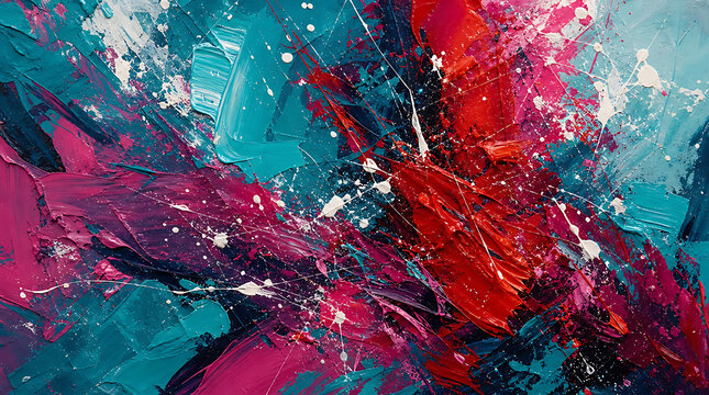 Vivid Abstract Impasto Expressionism with Dynamic Red and Teal Paint Splatter Energy