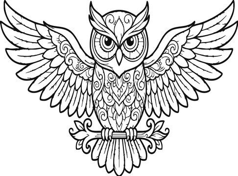 Intricate Mandala Owl with Spread Wings, Black and White Vector Line Art for Adult Coloring Book