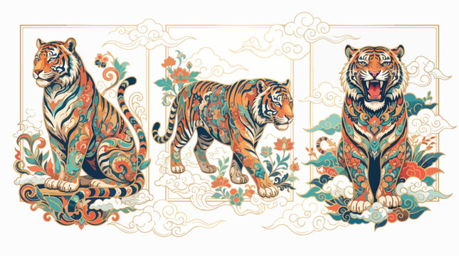 Majestic tigers featuring intricate floral patterns and ornate traditional clouds in this colorful decorative vector graphic design for cultural projects