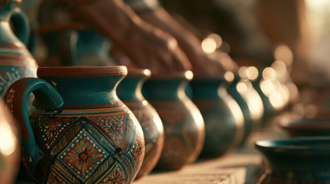 Artisan pottery jars with intricate patterns displayed in a workshop