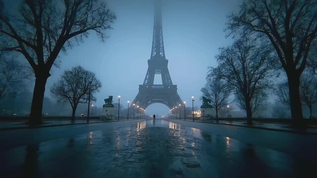 Paris, France, Europe. A moody, atmospheric photograph of the Eiffel Tower in Paris, France, bathed in a misty blue hue. The Eifel Tower stands tall against a backdrop of a hazy sky.