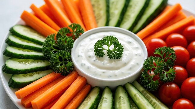 Fresh vegetable platter with creamy herb dip on white plate. Sliced cucumbers, orange carrot sticks, cherry tomatoes, parsley garnish. Healthy organic veggie crudites served as delicious appetizer