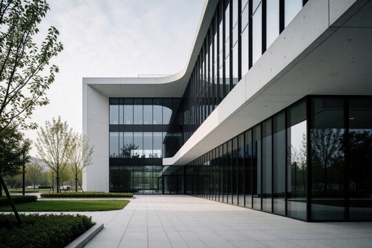 Modern office building exterior features clean lines geometric shapes glass facade. Contemporary architecture surrounds green lawn pathways with trees. Sleek design creates pro business atmosphere.