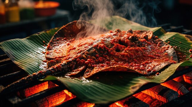 Whole stingray grilling in banana leaf over coals with steaming sambal belacan paste. Traditional Malaysian Ikan Panggang preparation at night market stall.
