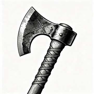 Antique medieval iron battle axe etching illustration