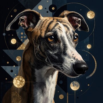 Abstract art portrait of whippet dog with geometric background. Stylish brindle greyhound head features gold circles, modern shapes. Creative colorful illustration for pet lovers, animal decor,