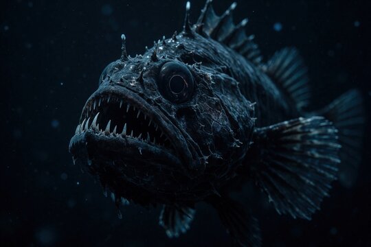 Deep sea monster fish with sharp teeth swims in dark ocean abyss. Scary predator with large eyes floats in deep water, showing its fierce nature and terrifying look.