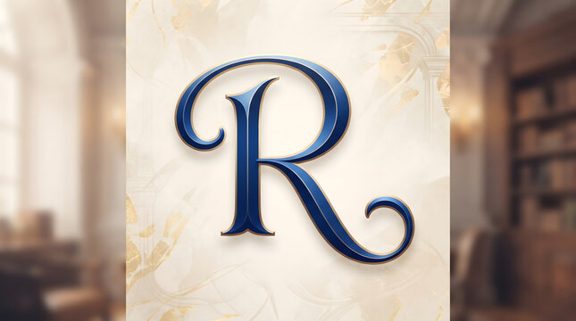 Elegant Ornate Letter R in Blue and Gold, Luxury Initial Typography Design Concept