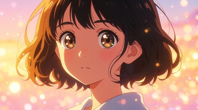 Young anime girl with large eyes looks forward against bokeh sunset. Her expression conveys curiosity and wonder in soft warm light. Style is digital art.