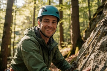 Fototapeta premium Smiling man climbs rocky cliff in green forest. Happy male mountaineer wears blue helmet, outdoor gear. Adventurer enjoys rock climbing sport, mountain trekking trip. Active person explores nature