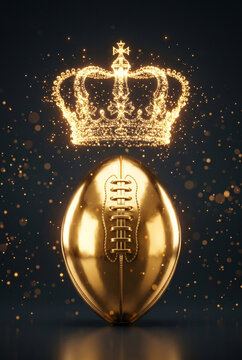 Golden American football trophy concept with a glowing crown of light and sparkling particles on a dark background