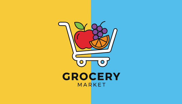 Grocery Market logo design featuring a shopping cart filled with fresh fruits like apple, grapes, and orange slice.