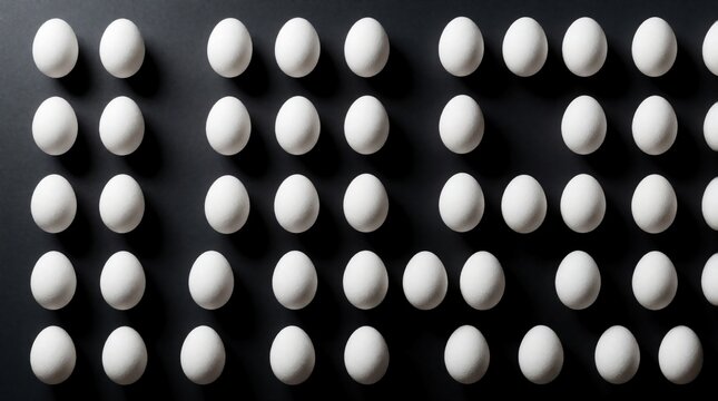 White ovate forms grid on dark surface. Uniform repetition and symmetry create clean geometric pattern. Abstract food composition, egg arrangement.