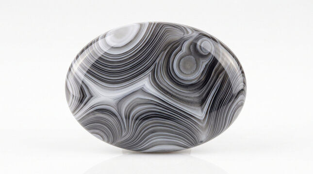 Polished oval agate stone with intricate black and white banded patterns isolated on white background