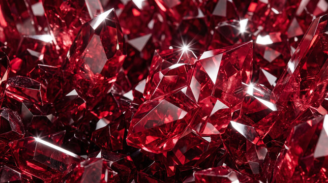 Closeup of vibrant red ruby crystals with sharp facets and sparkling light reflections, creating a luxurious and geological texture background