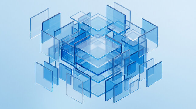 Abstract composition of floating translucent blue glass square plates on a light blue background
