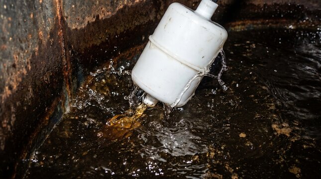 Conceptual close up of a magnetic float switch tilted upward by rising dark water