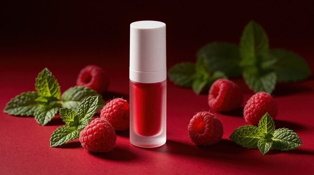 Red lip gloss bottle with white cap stands on crimson surface. Fresh raspberries, green mint leaves surround cosmetic container. Minimalist beauty product arrangement features fruit, herbs for
