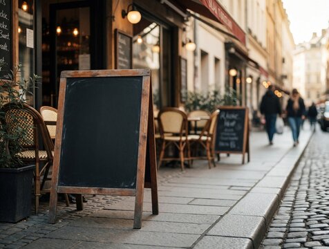 Cafe street chalkboard display. Empty A-frame sign near outdoor seating on cobblestone pavement. Restaurant menu board offers blank space for custom text or graphics.