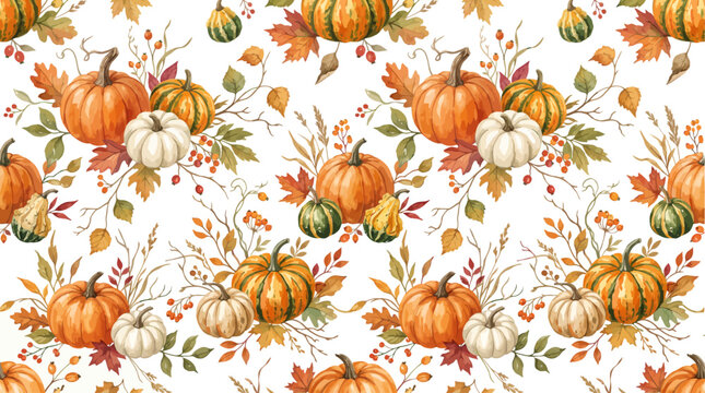 Watercolor autumn pumpkin seamless pattern, rustic harvest background with fall leaves, orange and white pumpkins vector illustration