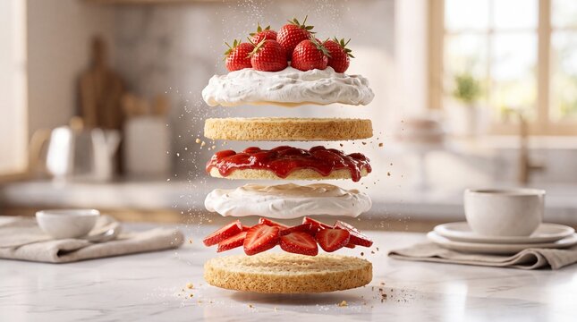Photorealistic cinematic exploded view of a strawberry shortcake with separated vanilla sponge, fresh strawberries, whipped cream, strawberry compote, powdered sugar, and cake crumbs.