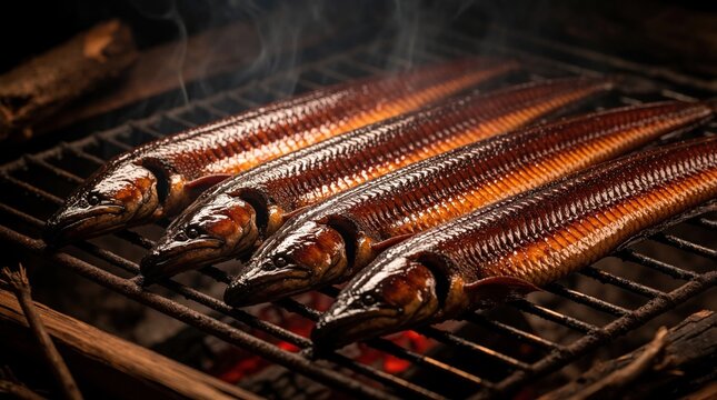 Smoked eels cook on grill over coals. Traditional Maori hangi pit preparation. Delicious seafood barbecue using manuka wood creates amazing aroma and flavor for foodies.