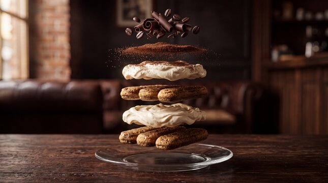 Photorealistic cinematic exploded view of an elegant Italian tiramisu showing separated coffee-soaked ladyfingers, mascarpone cream, cocoa powder, chocolate curls, and coffee beans.