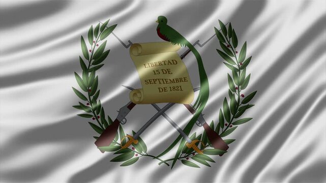 Guatemala national emblem featuring quetzal bird on parchment paper with rifles and olive branches flowing in motion video clip animation
