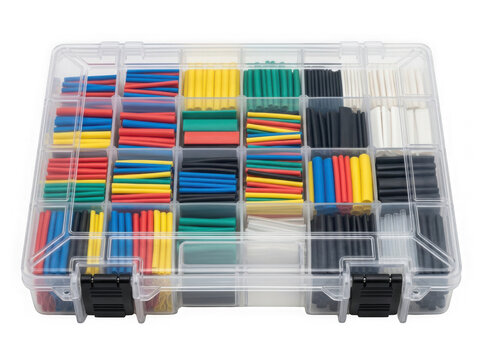 plastic storage box with colorful heat shrink tubing wire wrap isolated on transparent background