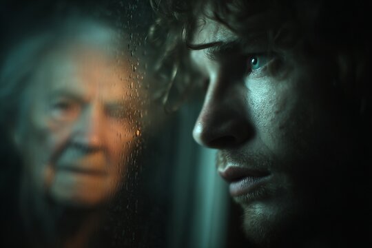 Intense moment of reflection as a young man gazes longingly through a rainy window while an elderly figure watches closely, hinting at a shared history and unresolved emotions