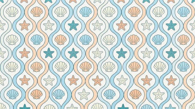 Seamless pattern featuring seashells and starfish with wavy blue and beige lines on a white background, for nautical themed decor