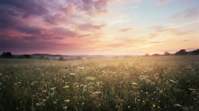Golden hour wildflower field bathed in soft sunset glow over open landscape